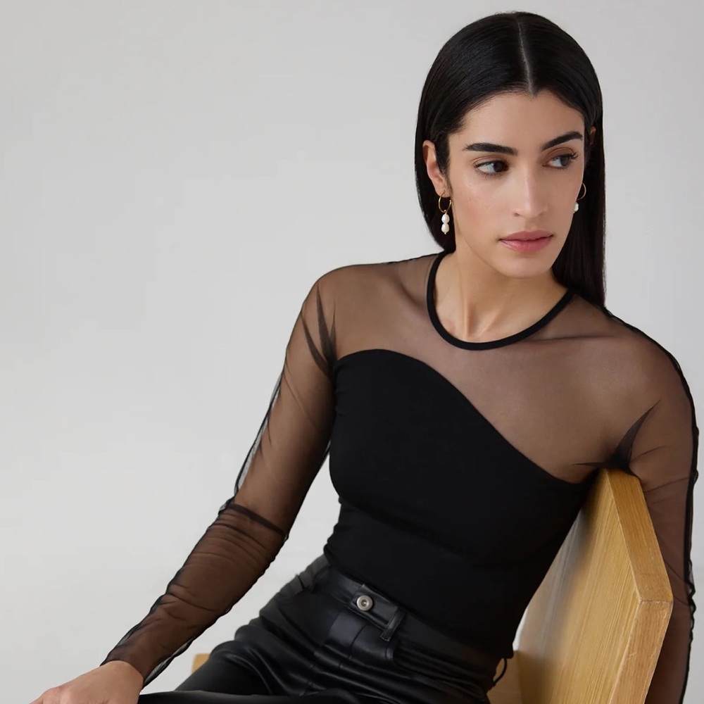 Marcella Small Evelyn Top Long Sleeve Mesh Illusion Abstract Modern Black